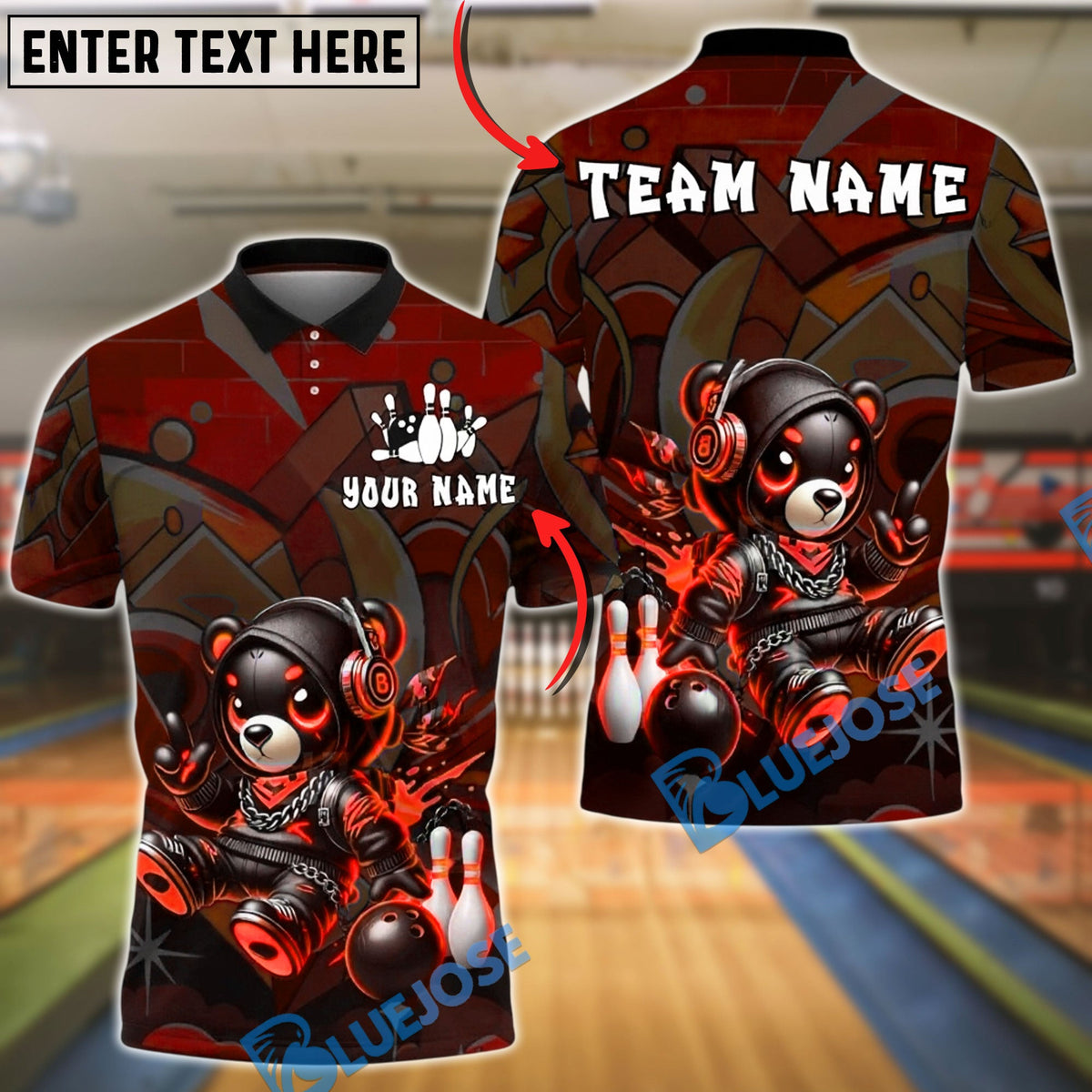 BlueJose Bowling And Pins Neon Cyber Bear Graffiti Style Customized Name, Team Name 3D Shirt (4 Colors)