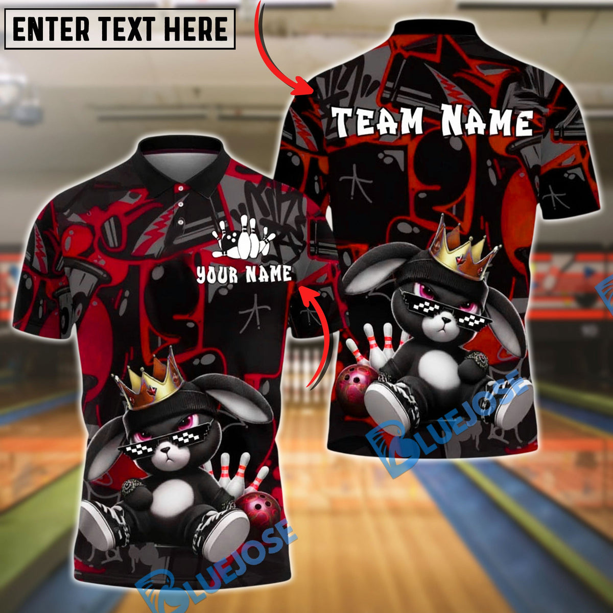 BlueJose Bowling And Pins Cool Bunny King Cartoon Customized Name, Team Name 3D Shirt (4 Colors)