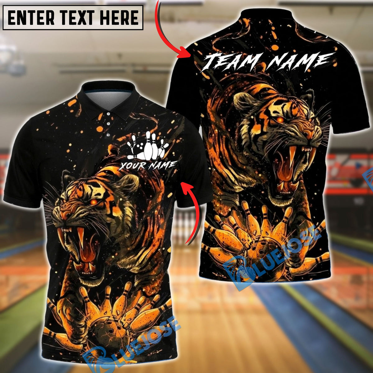 BlueJose Bowling And Pins Tiger Explosion Pins Design Customized Name, Team Name 3D Shirt (6 Colors)