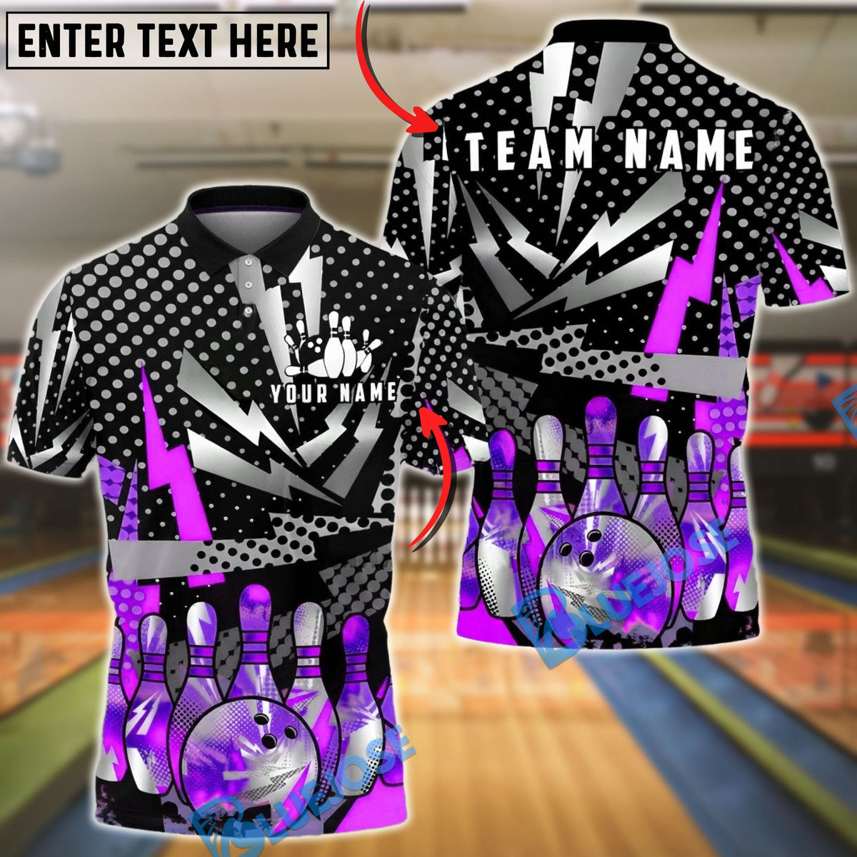 BlueJose Bowling And Pins Colorful Pins Ball Design Customized Name, Team Name 3D Shirt (4 Colors)