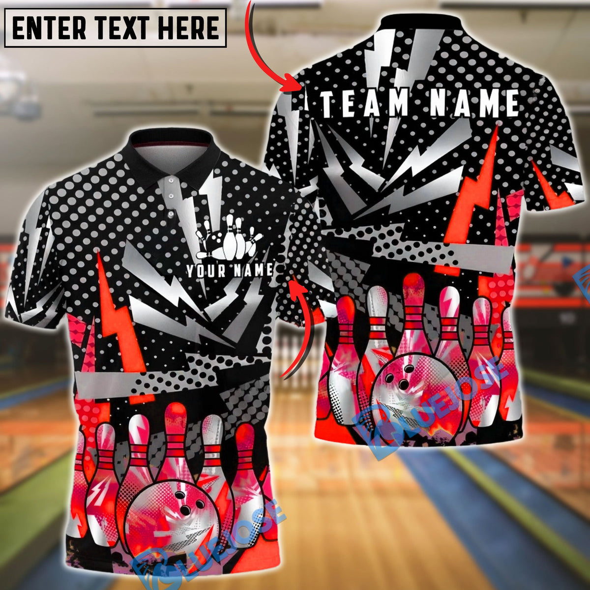 BlueJose Bowling And Pins Colorful Pins Ball Design Customized Name, Team Name 3D Shirt (4 Colors)