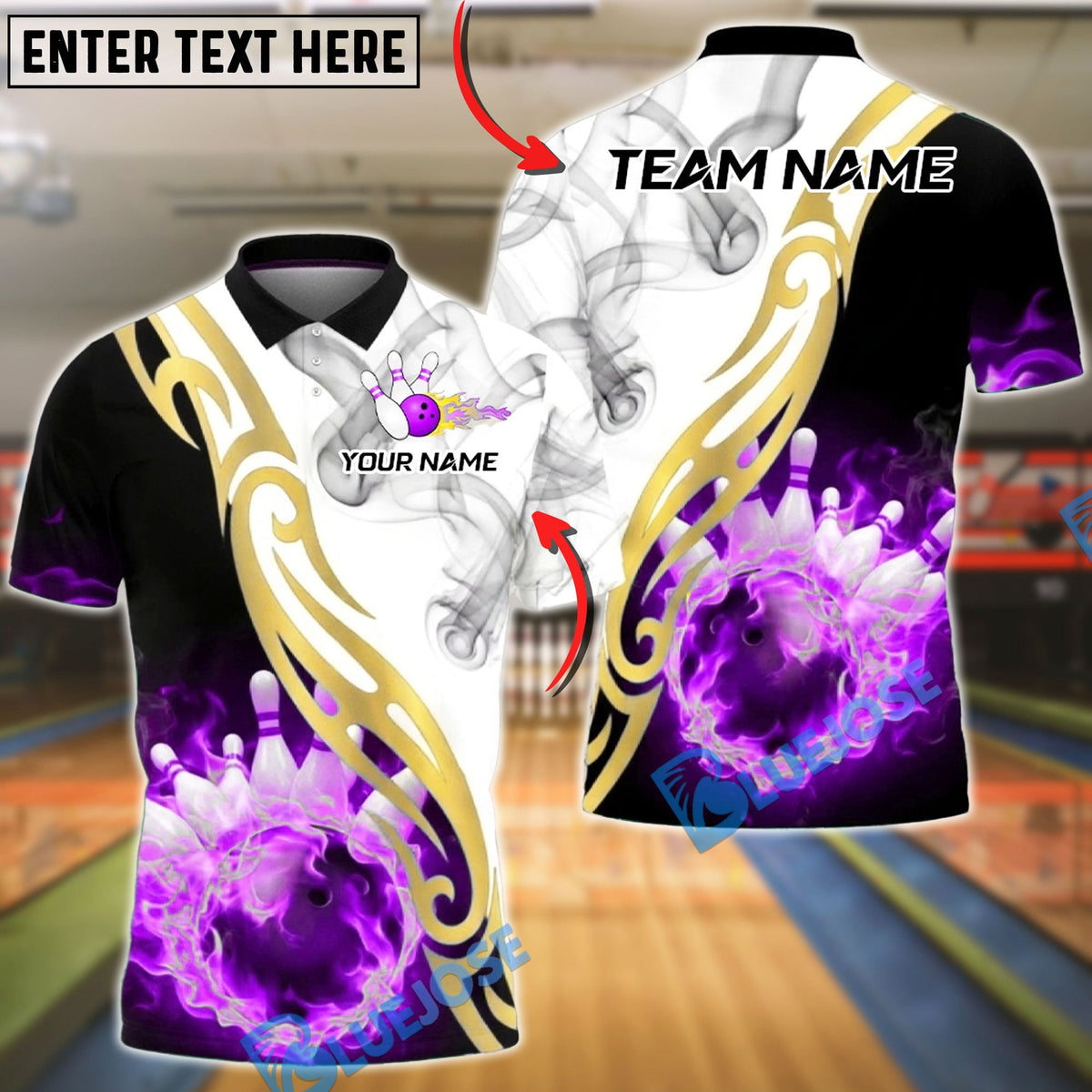 BlueJose Bowling And Pins White Fire Smoke Golden Tribal Customized Name, Team Name 3D Shirt (4 Colors)