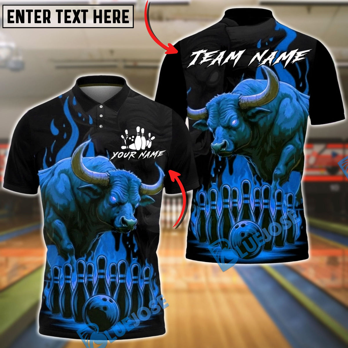 BlueJose Bowling And Pins Bull Fire Flames Design Customized Name, Team Name 3D Shirt (4 Colors)