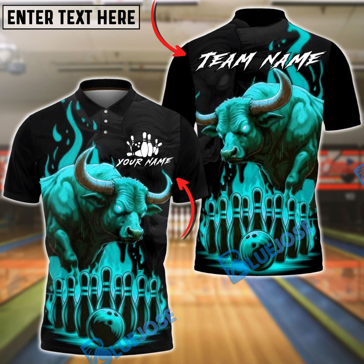 BlueJose Bowling And Pins Bull Fire Flames Design Customized Name, Team Name 3D Shirt (4 Colors)
