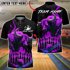 BlueJose Bowling And Pins Bull Fire Flames Design Customized Name, Team Name 3D Shirt (4 Colors)