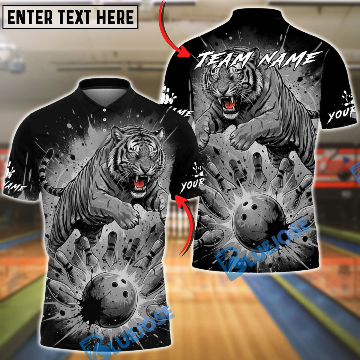 BlueJose Bowling And Pins Leaping Tiger Fire Effect Customized Name, Team Name 3D Shirt (6 Colors)