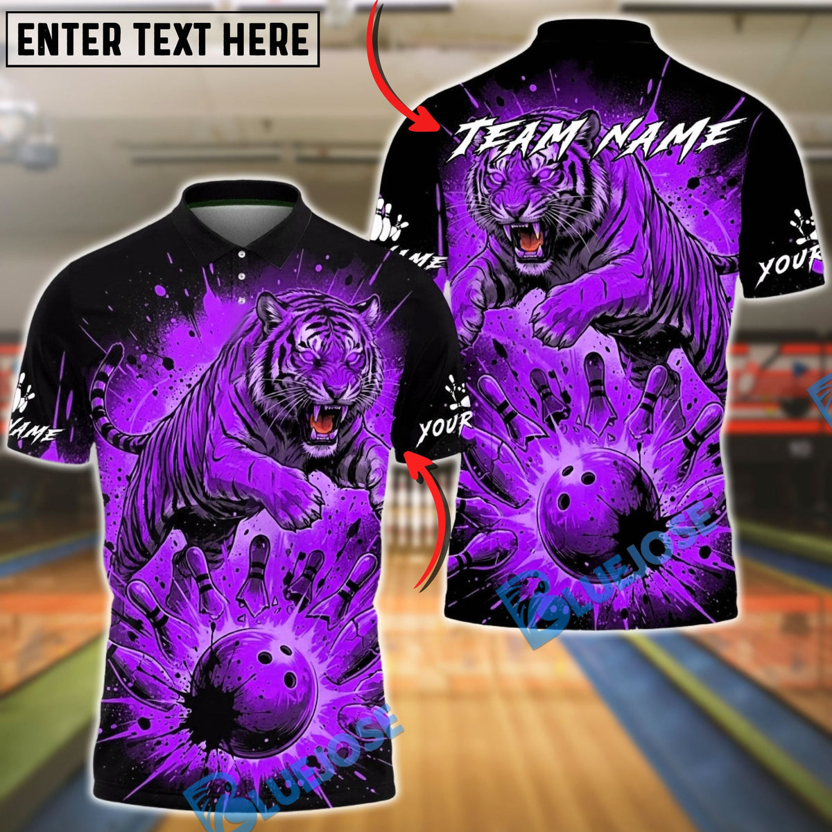 BlueJose Bowling And Pins Leaping Tiger Fire Effect Customized Name, Team Name 3D Shirt (6 Colors)