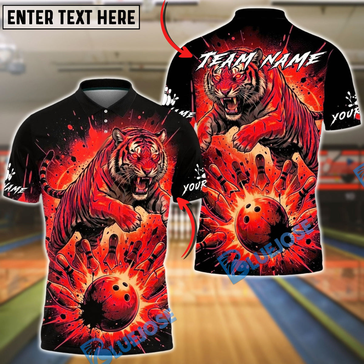 BlueJose Bowling And Pins Leaping Tiger Fire Effect Customized Name, Team Name 3D Shirt (6 Colors)