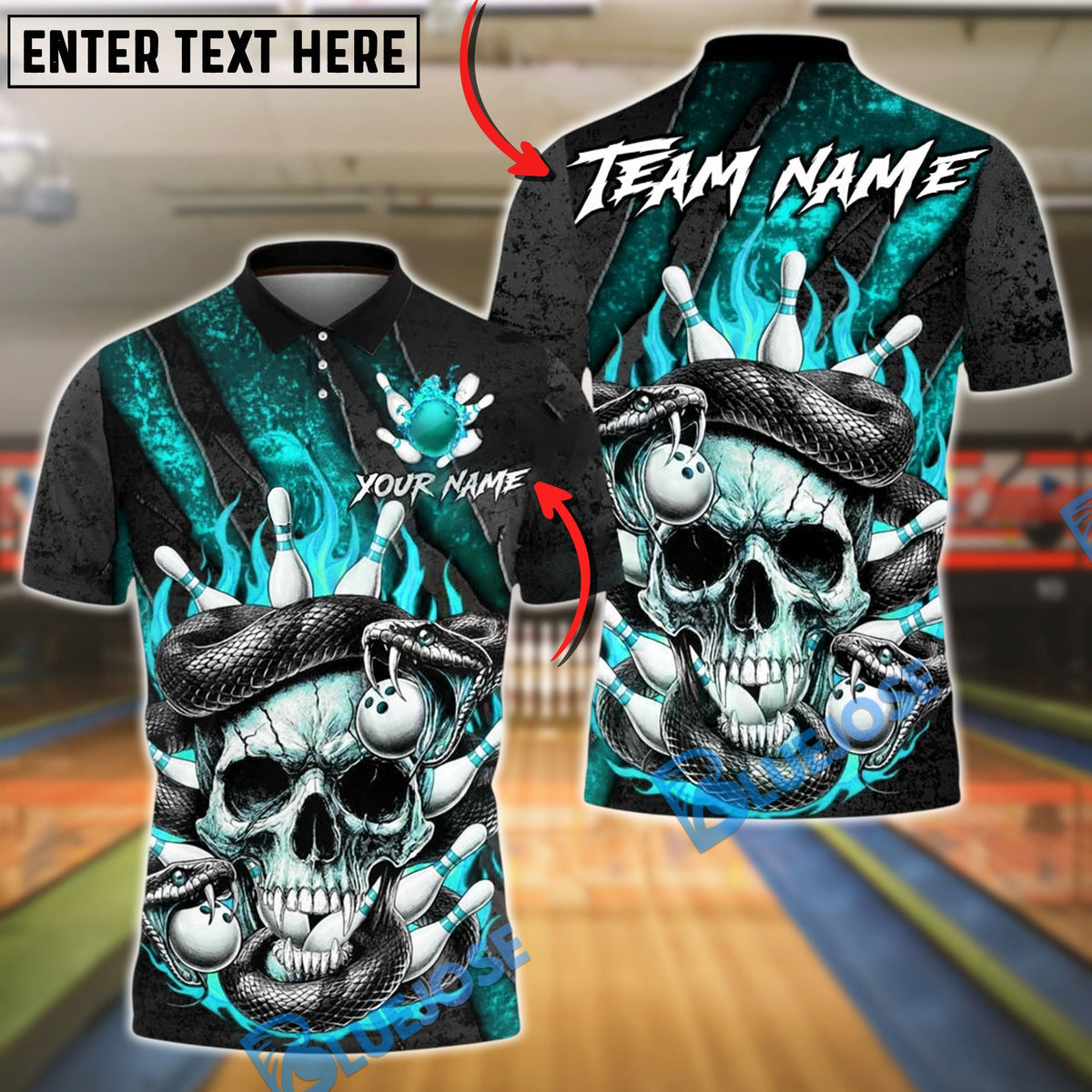 BlueJose Bowling And Pins Skull Snake Flame Pins Gothic Inferno Customized Name, Team Name 3D Shirt (4 Colors)