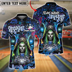 BlueJose Bowling And Pins Reaper Neon Graffiti Skull Girl Customized Name, Team Name 3D Shirt (4 Colors)