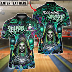 BlueJose Bowling And Pins Reaper Neon Graffiti Skull Girl Customized Name, Team Name 3D Shirt (4 Colors)