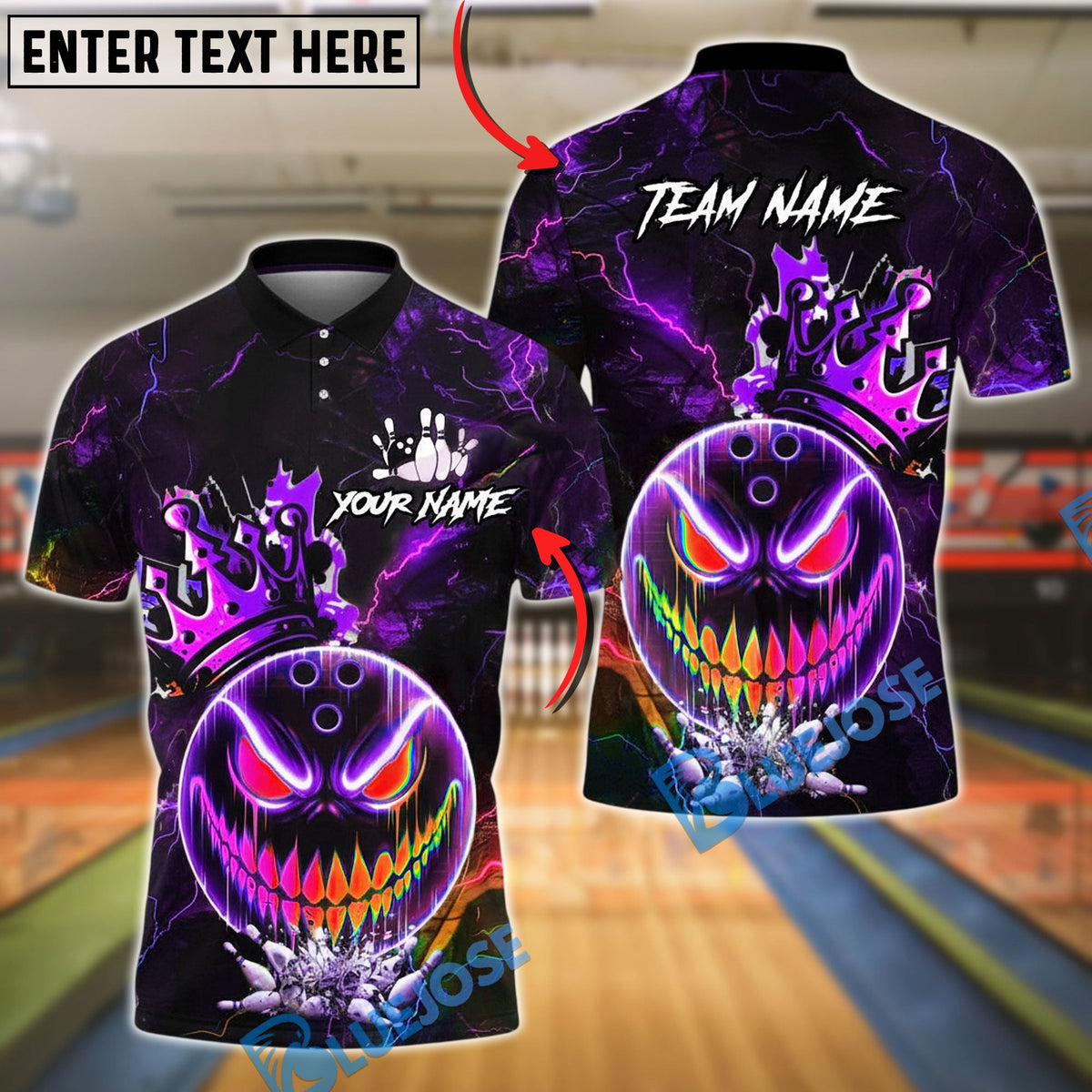 BlueJose Bowling And Pins Evil Face Neon Crown Lightning Customized Name, Team Name 3D Shirt (4 Colors)