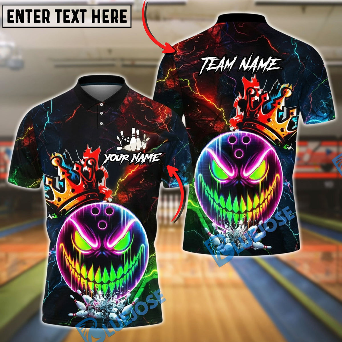 BlueJose Bowling And Pins Evil Face Neon Crown Lightning Customized Name, Team Name 3D Shirt (4 Colors)