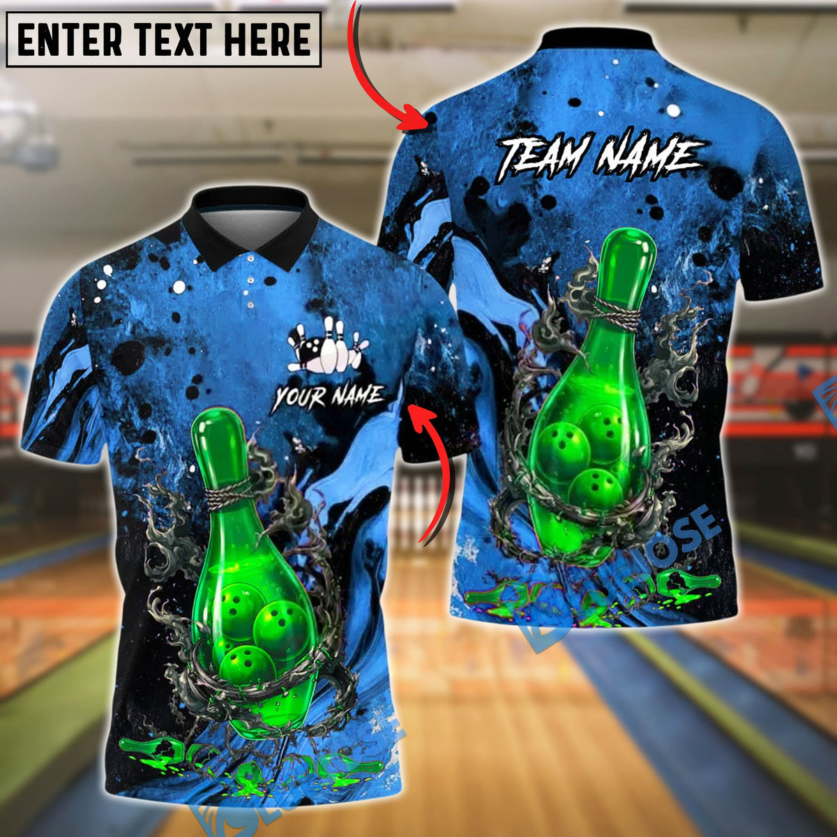 BlueJose Bowling And Pins Bottle Flame Graphic Customized Name, Team Name 3D Shirt (4 Colors)