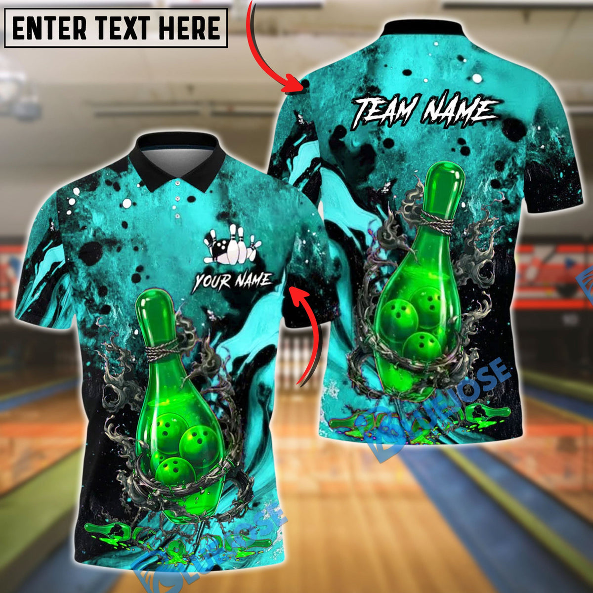 BlueJose Bowling And Pins Bottle Flame Graphic Customized Name, Team Name 3D Shirt (4 Colors)