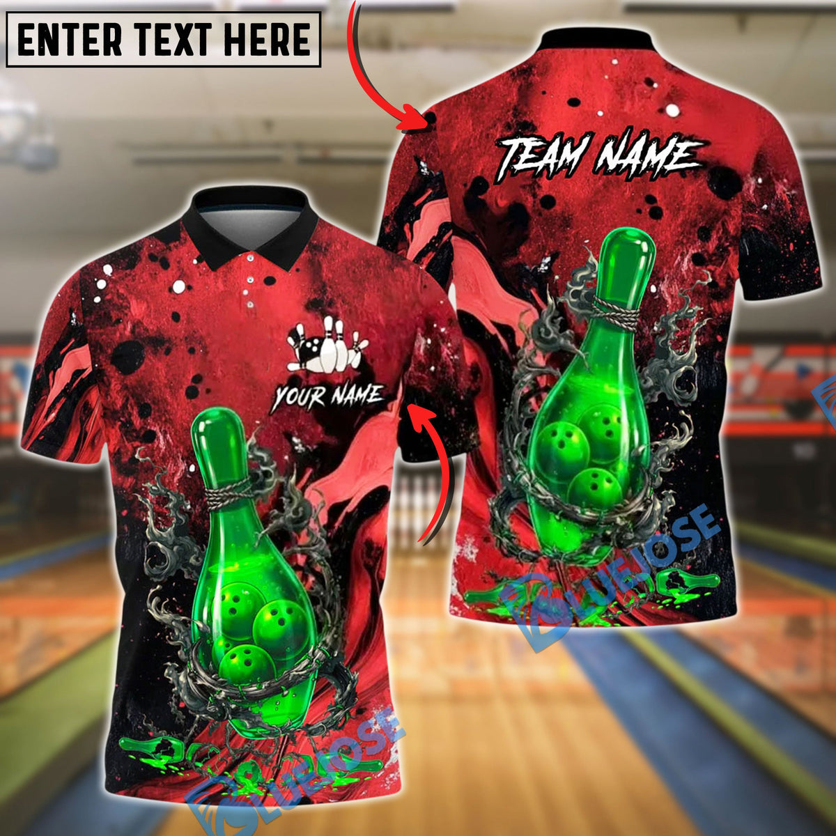 BlueJose Bowling And Pins Bottle Flame Graphic Customized Name, Team Name 3D Shirt (4 Colors)