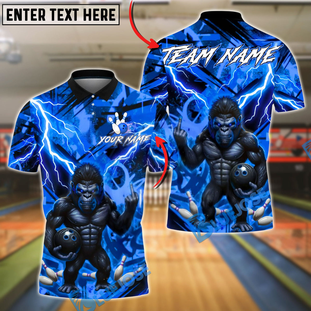 BlueJose Bowling Gorilla Lightning Strike Customized Name, Team Name 3D Shirt (4 Colors)