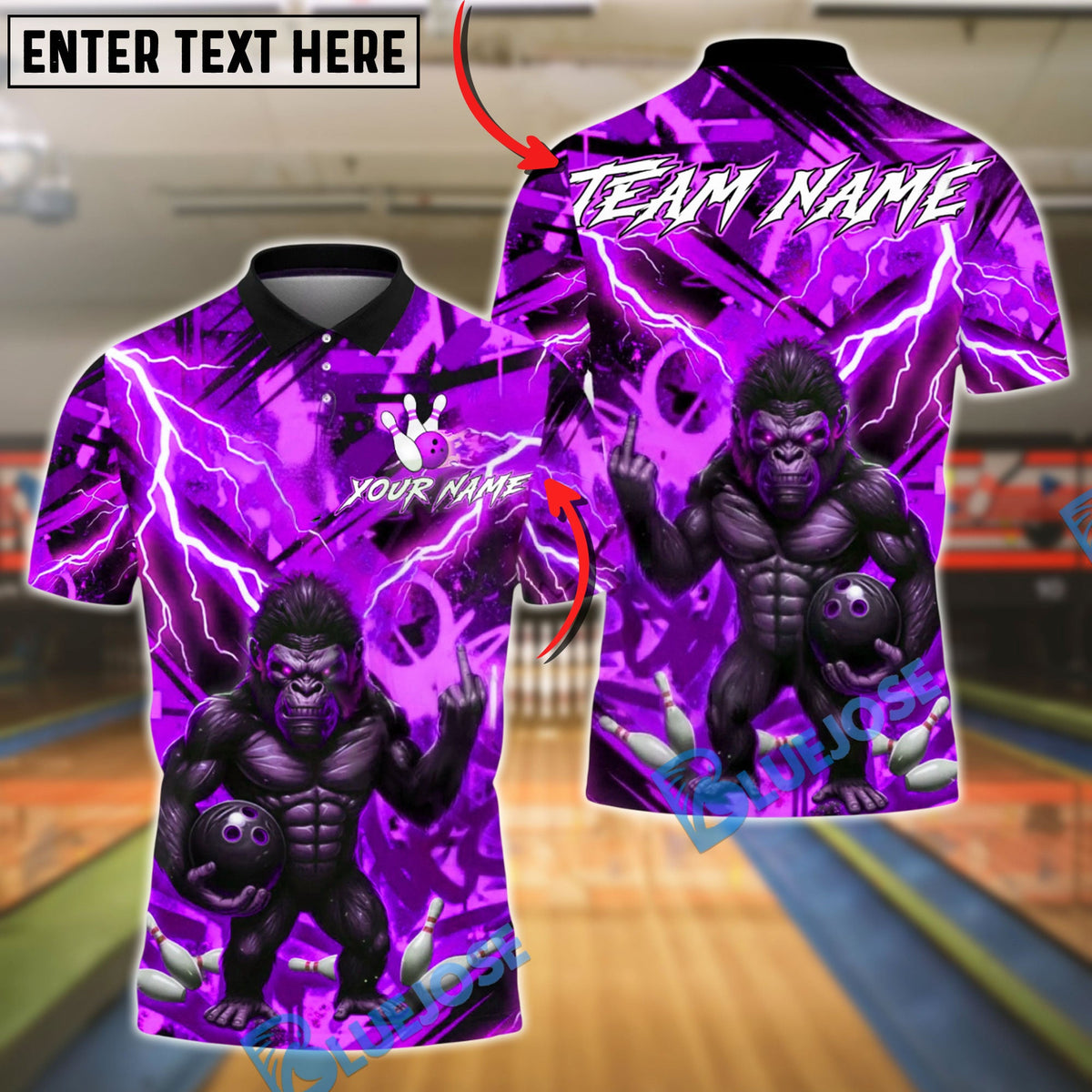 BlueJose Bowling Gorilla Lightning Strike Customized Name, Team Name 3D Shirt (4 Colors)
