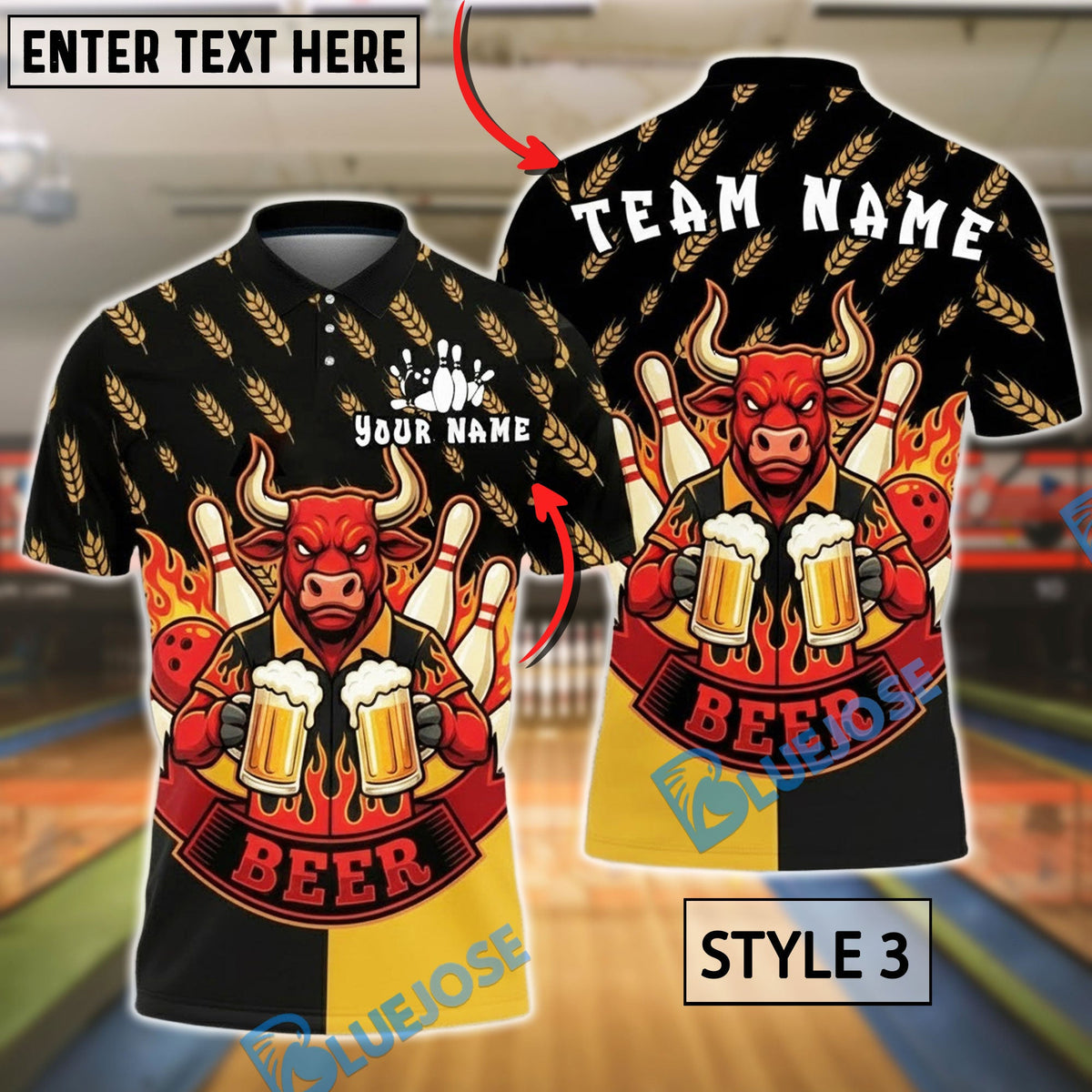 BlueJose Bowling Beer Bull Wheat Pattern Customized Name, Team Name 3D Shirt (4 Colors)
