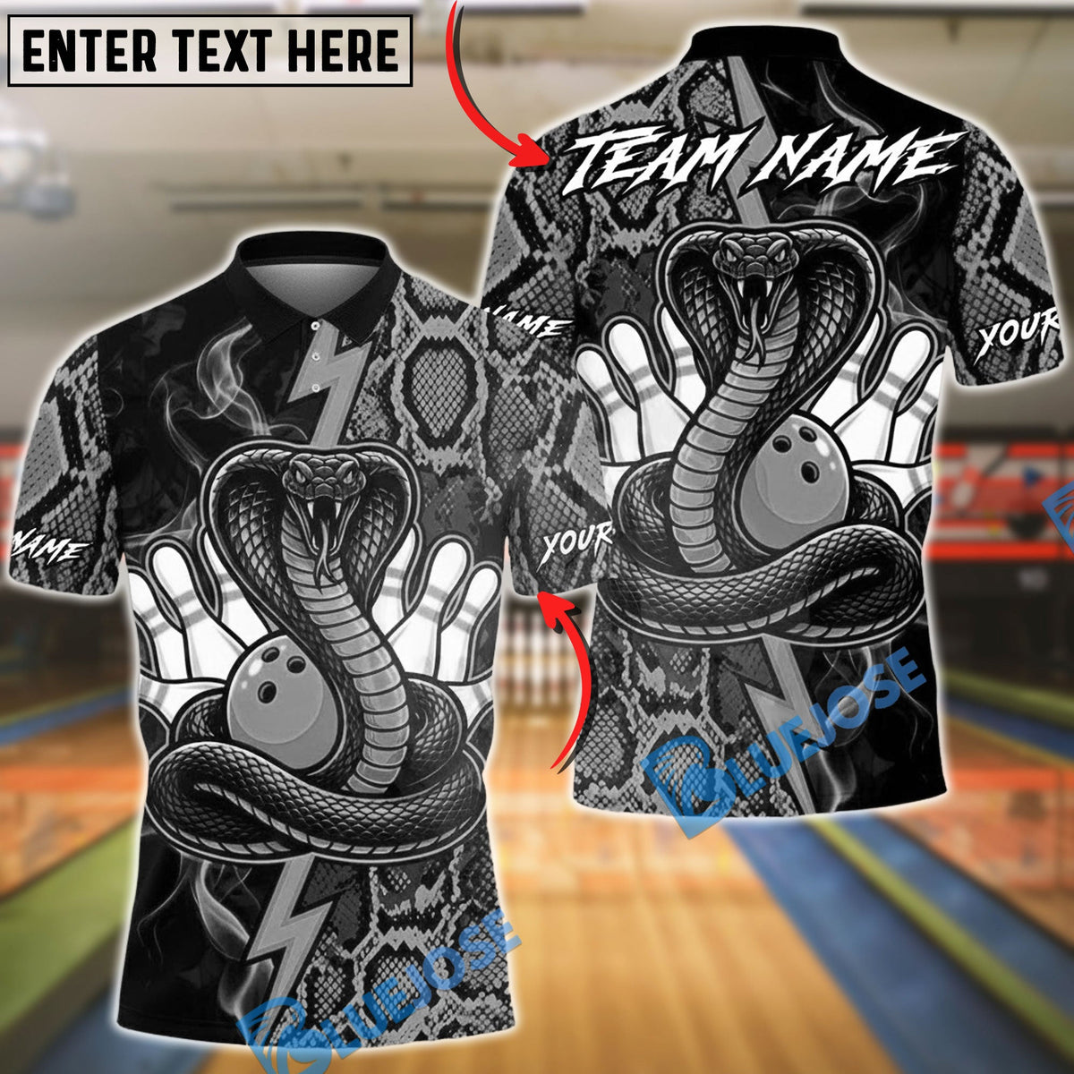 BlueJose Bowling Cobra Snake Skin Lightning Customized Name, Team Name 3D Shirt (4 Colors)
