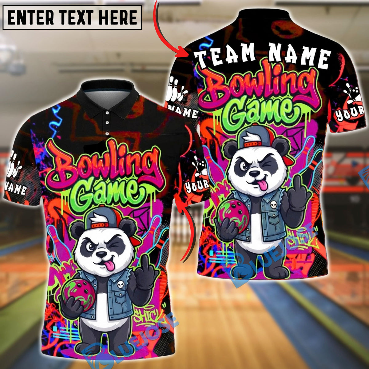 BlueJose Bowling Panda Graffiti Street Art Customized Name, Team Name 3D Shirt (4 Colors)