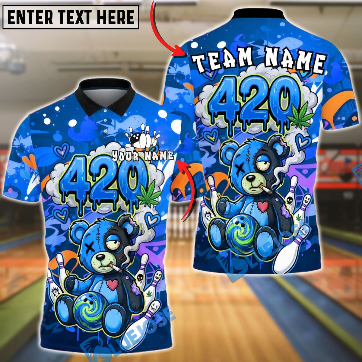 BlueJose Bowling 420 Bear Smoke Art Customized Name, Team Name 3D Shirt (4 Colors)