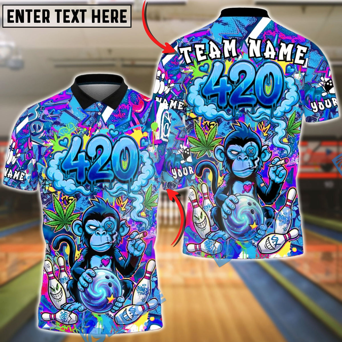 BlueJose Bowling 420 Monkey Graffiti Art Customized Name, Team Name 3D Shirt (4 Colors)
