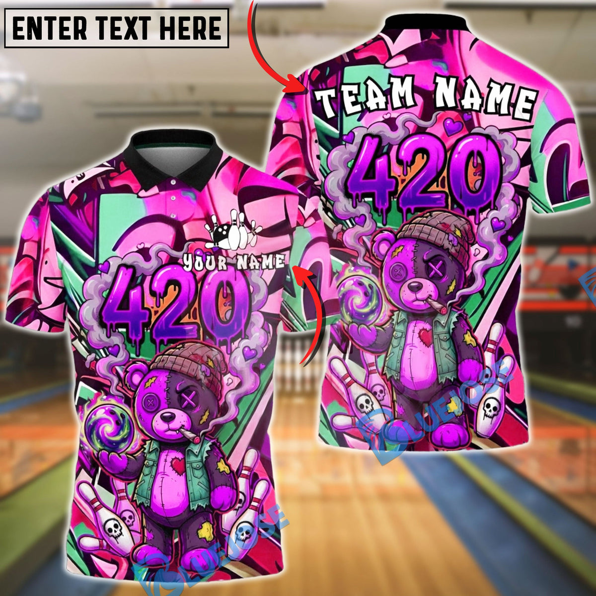 BlueJose Bowling 420 Bear High Customized Name, Team Name 3D Shirt (4 Colors)