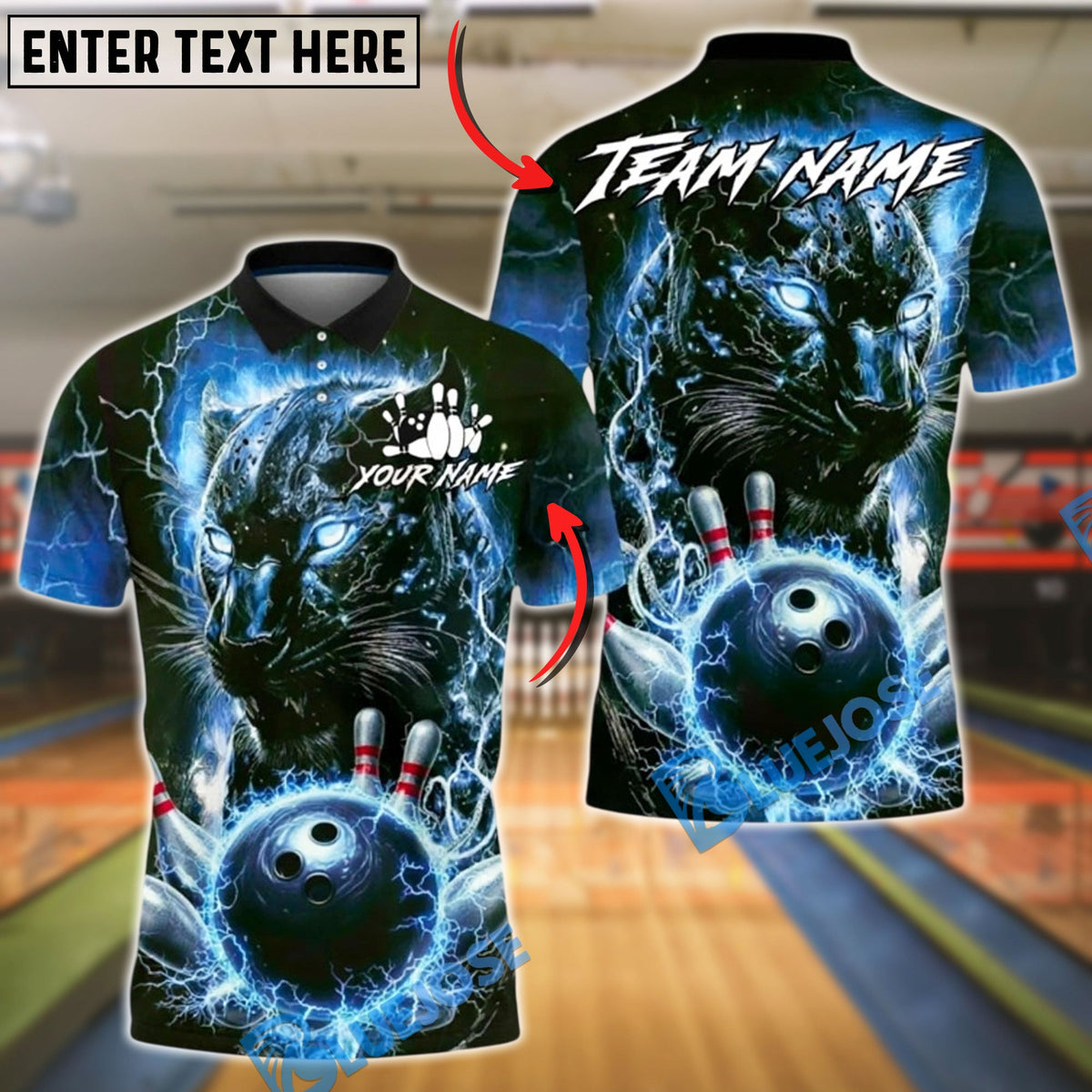 BlueJose Bowling And Pins Electric Panther Lightning Strike Customized Name, Team Name 3D Shirt (6 Colors)