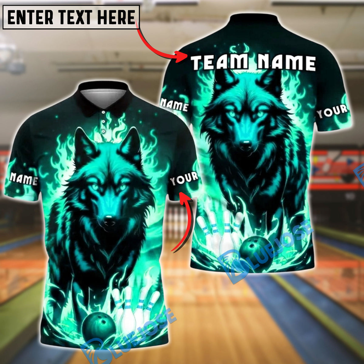 BlueJose Bowling And Pins Flame Wolf Customized Name, Team Name 3D Shirt (4 Colors)