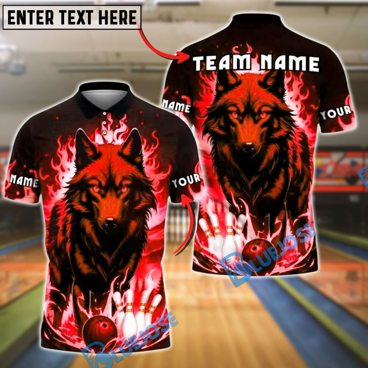 BlueJose Bowling And Pins Flame Wolf Customized Name, Team Name 3D Shirt (4 Colors)