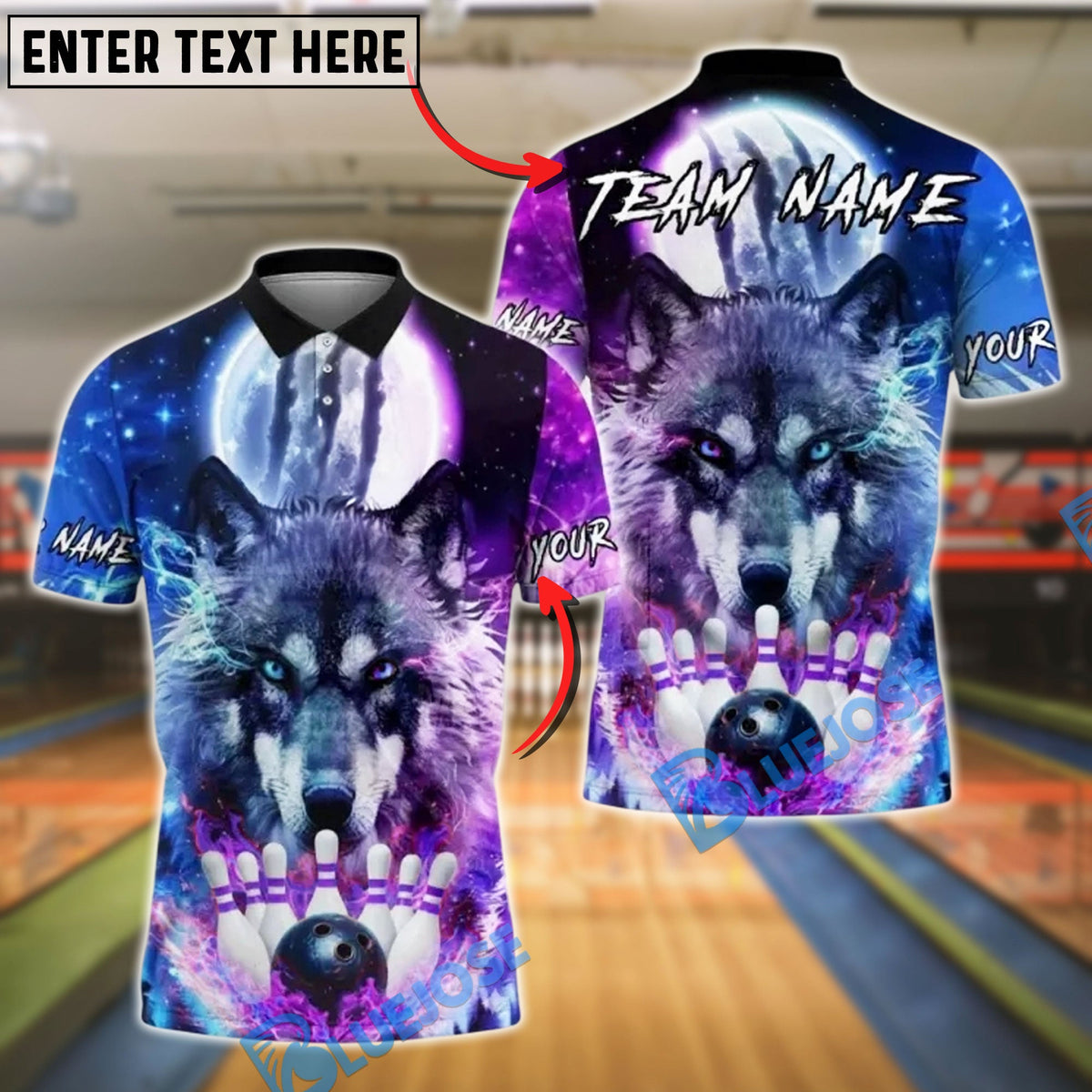 BlueJose Bowling And Pins Moonlight Galaxy Wolf Customized Name, Team Name 3D Shirt (4 Colors)
