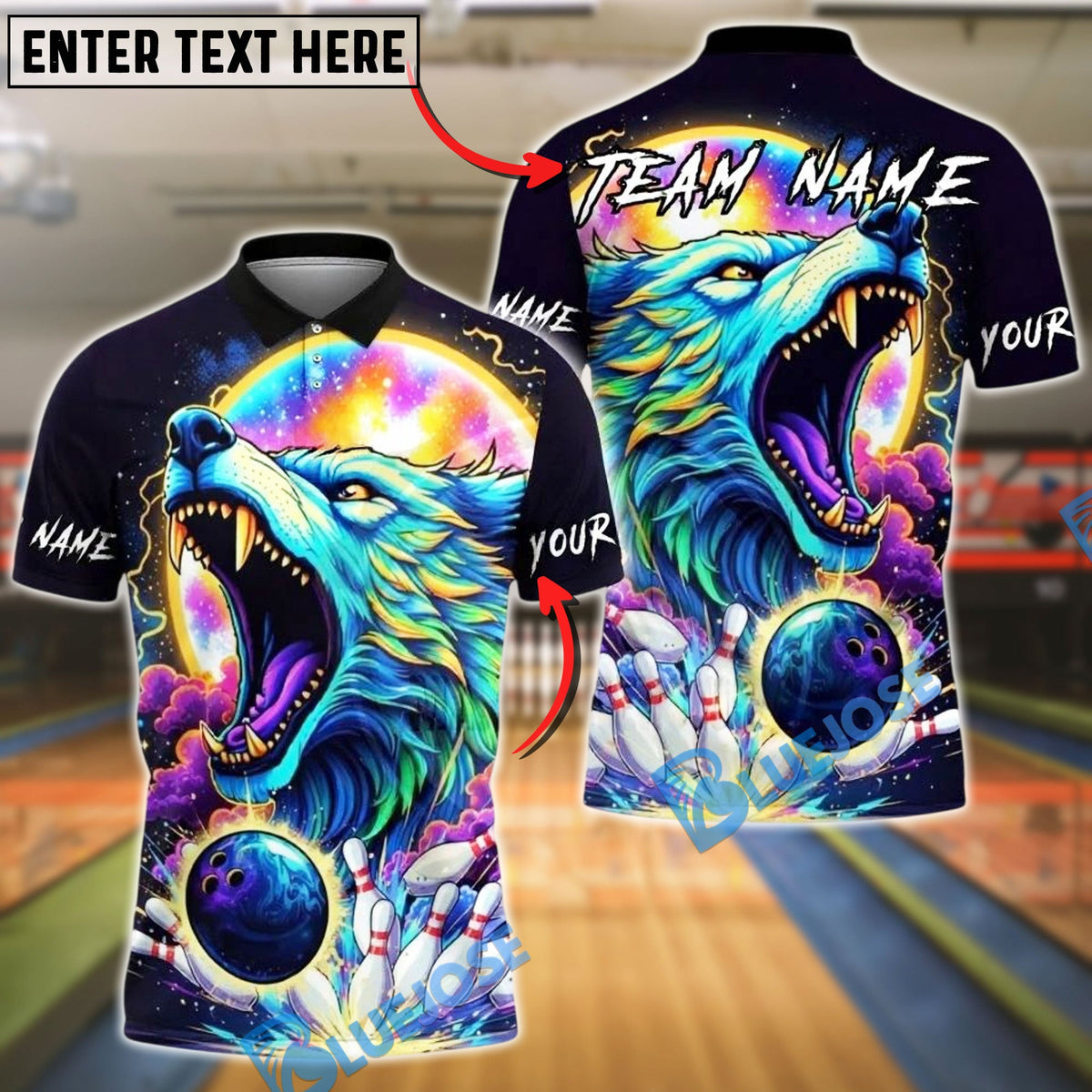BlueJose Bowling And Pins Neon Cosmic Wolf Customized Name, Team Name 3D Shirt (4 Colors)