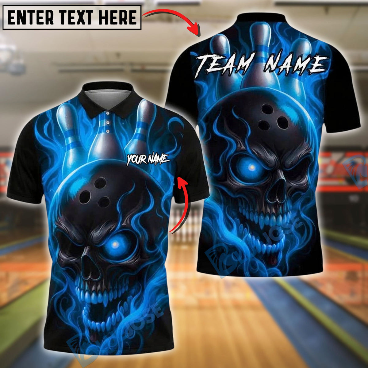 BlueJose Bowling And Pins Flame Skull Customized Name, Team Name 3D Shirt (4 Colors)