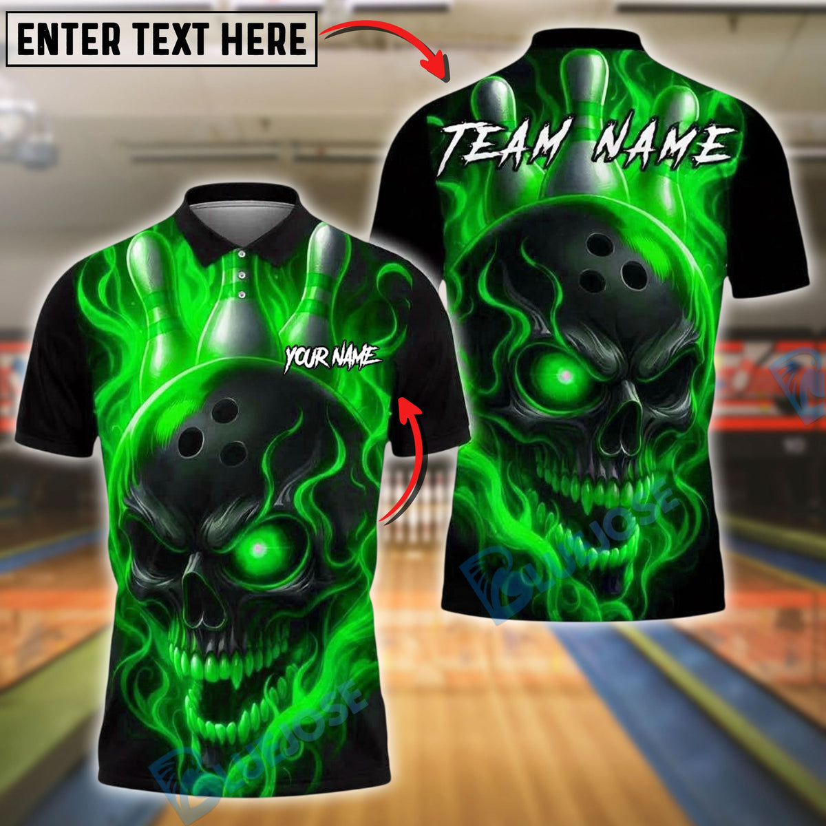 BlueJose Bowling And Pins Flame Skull Customized Name, Team Name 3D Shirt (4 Colors)
