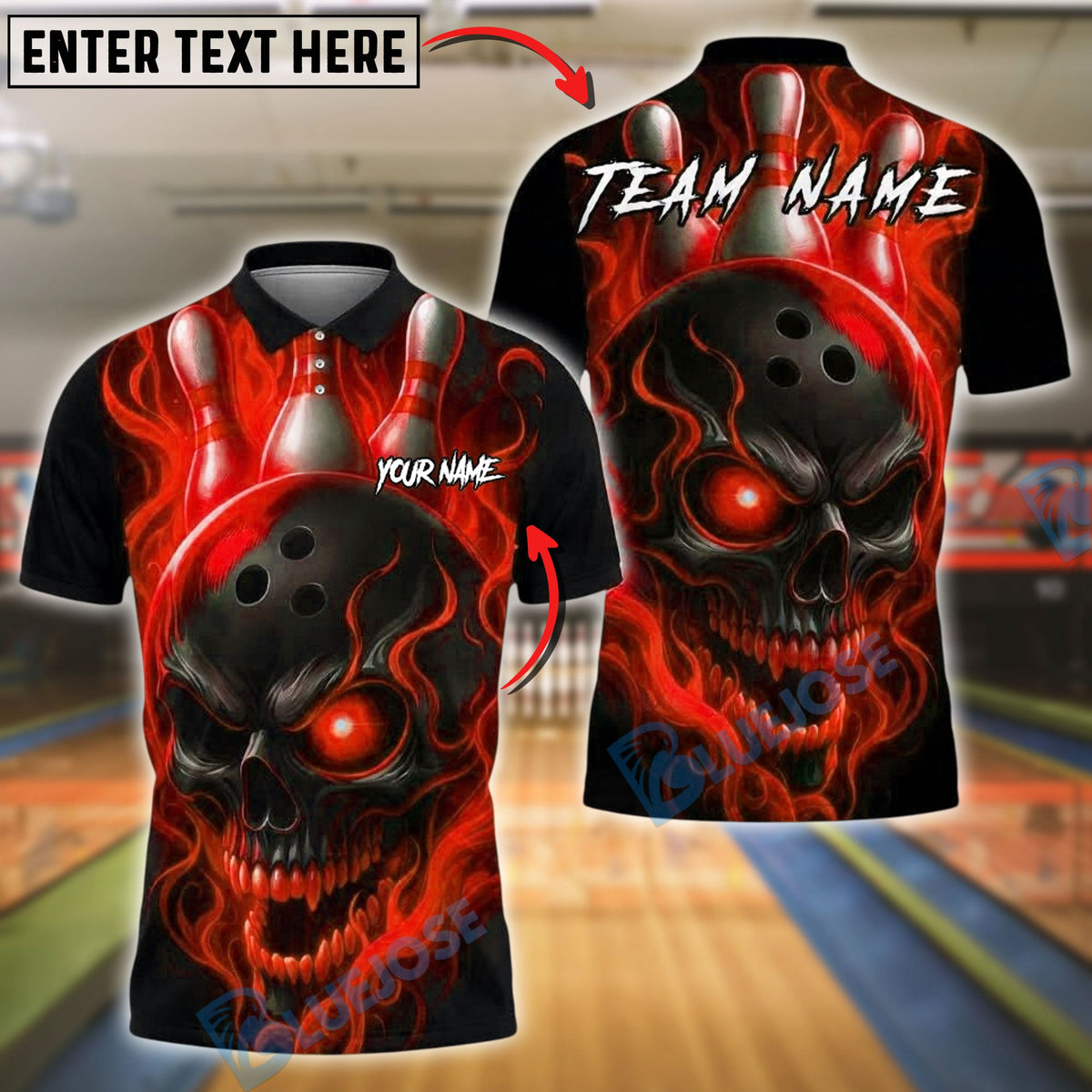 BlueJose Bowling And Pins Flame Skull Customized Name, Team Name 3D Shirt (4 Colors)