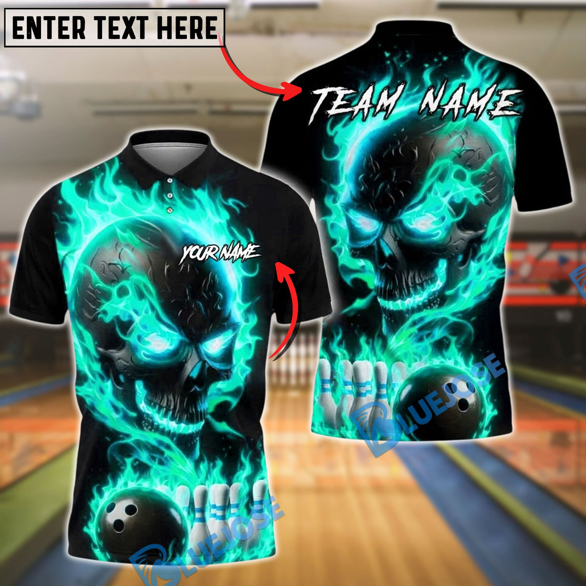 BlueJose Bowling And Pins Flame Skull Fire Pattern Customized Name, Team Name 3D Shirt (4 Colors)