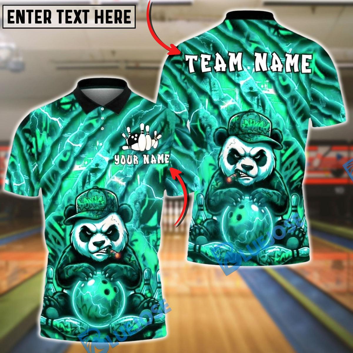 BlueJose Bowling & Pins Panda Lightning Design Customized Name, Team Name 3D Shirt (4 Colors)