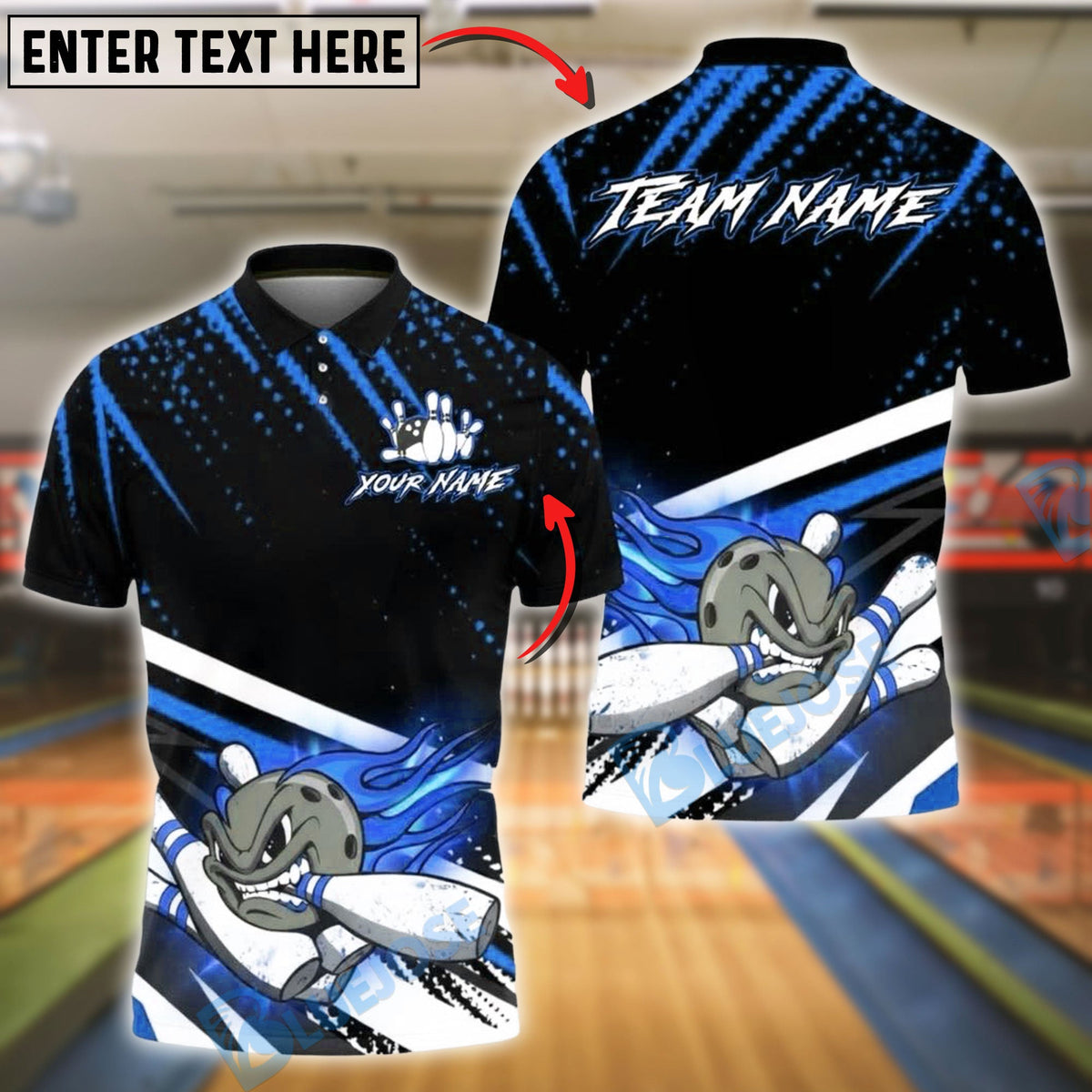 BlueJose Bowling & Pins Black Abstract Design Customized Name, Team Name 3D Shirt (4 Colors)