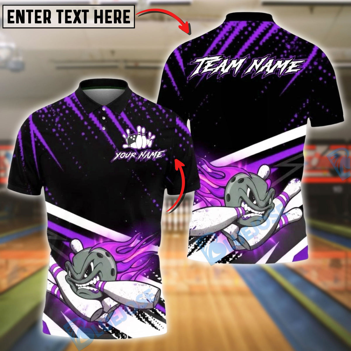BlueJose Bowling & Pins Black Abstract Design Customized Name, Team Name 3D Shirt (4 Colors)