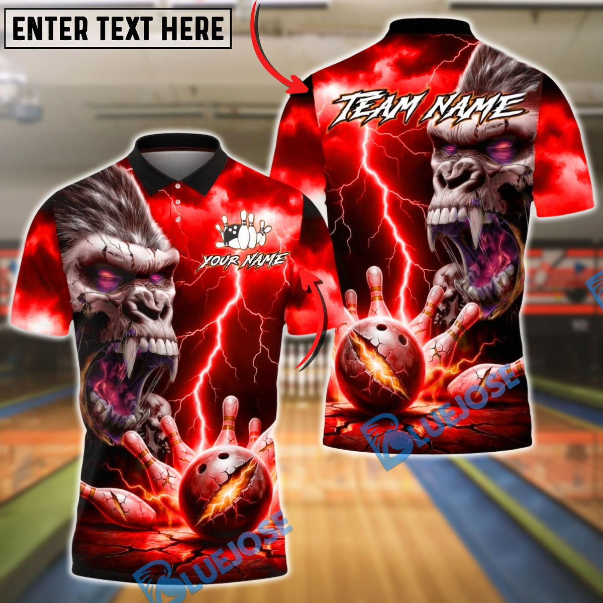 BlueJose Bowling Gorilla Demon Skull Lightning Design Customized Name, Team Name 3D Shirt (4 Colors)