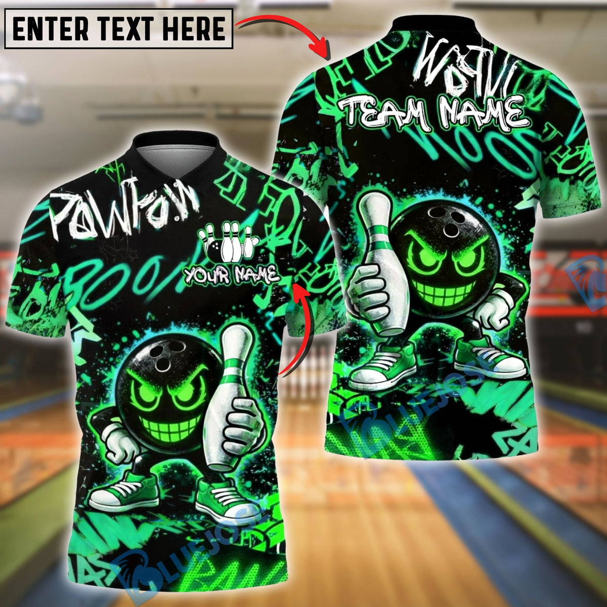 BlueJose Bowling & Pins Neon Graffiti Smiley Bowling Ball Graphic  Customized Name, Team Name 3D Shirt (4 Colors)