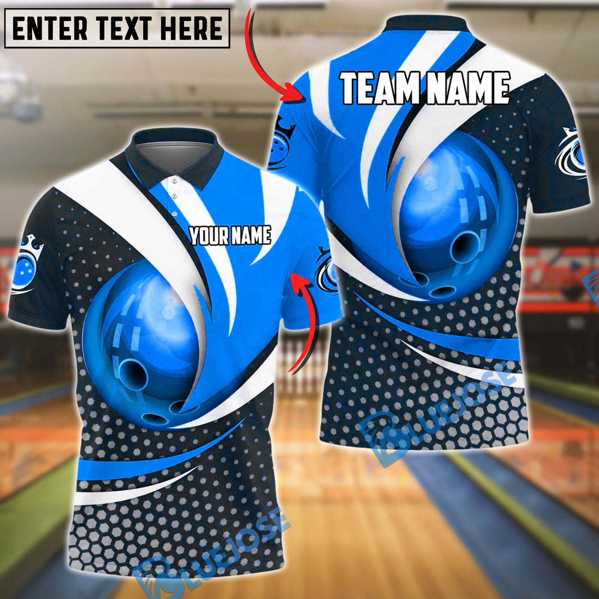 BlueJose Bowling And Pins Curved Strike Customized Name 3D Shirt (6 Colors)