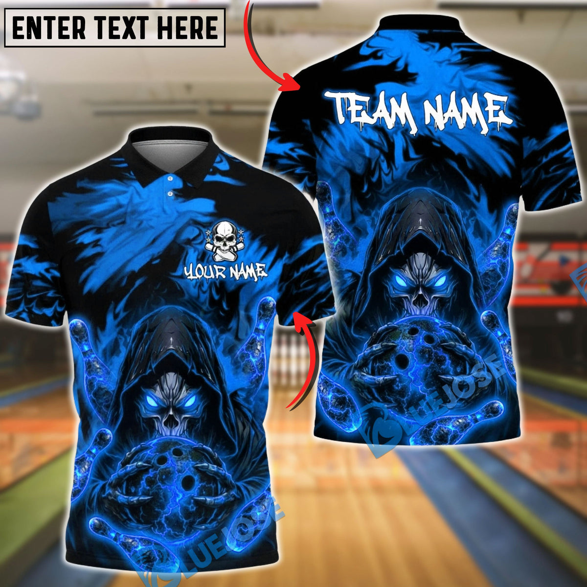 BlueJose Bowling & Pins Grim Reaper Fire Dark Fantasy Design Customized Name, Team Name 3D Shirt (4 Colors)