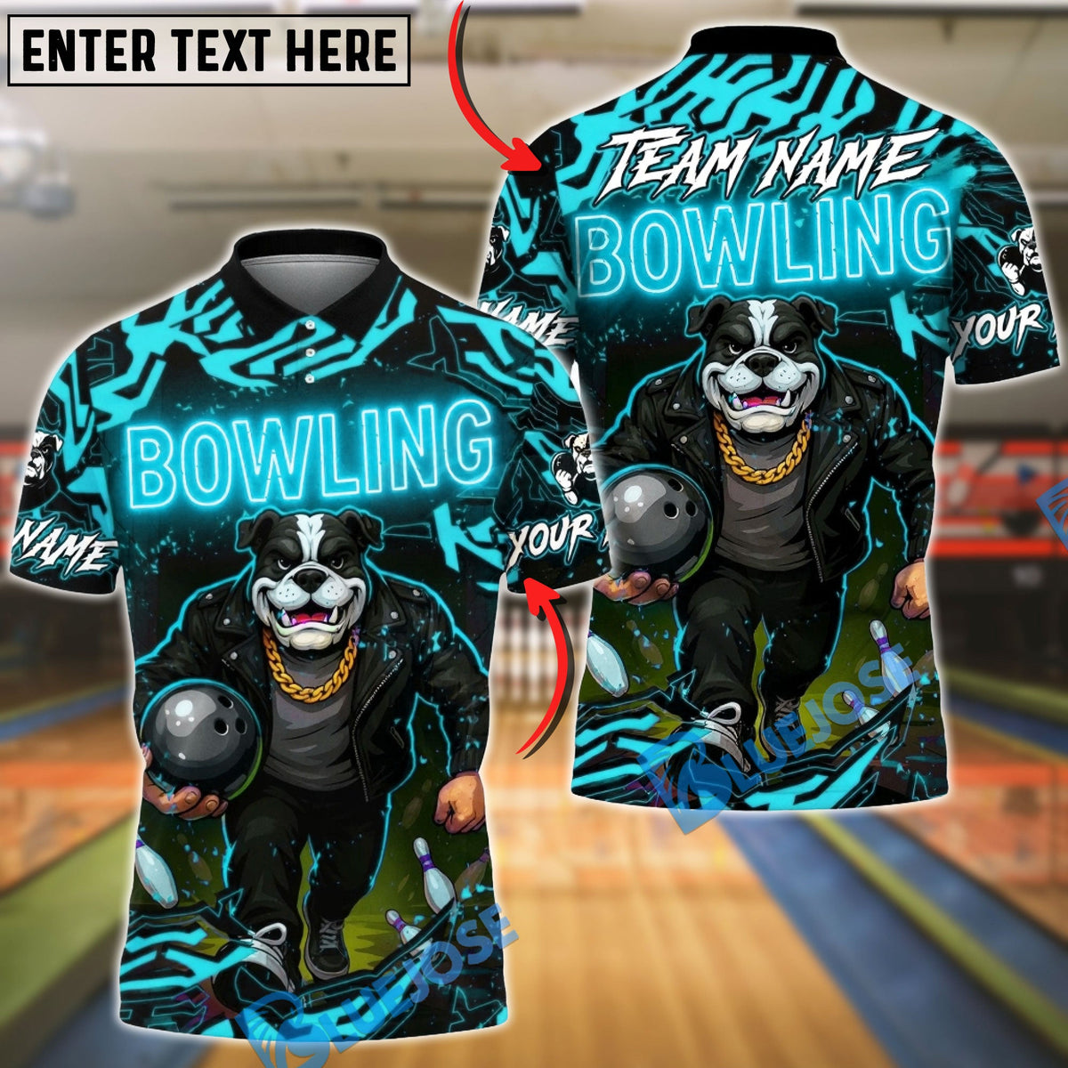 BlueJose Bowling And Pins Neon Bulldog Cool Strike Customized Name, Team Name 3D Shirt (4 Colors)