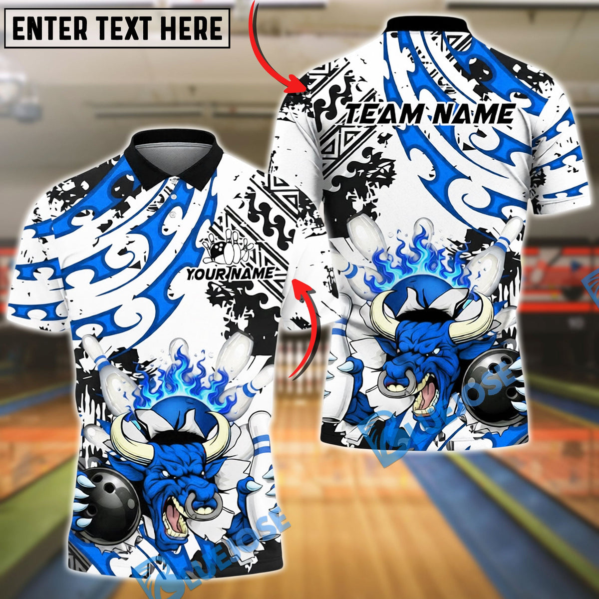 BlueJose Bowling & Pins Angry Bull Fire Tribal Art  Customized Name, Team Name 3D Shirt (4 Colors)