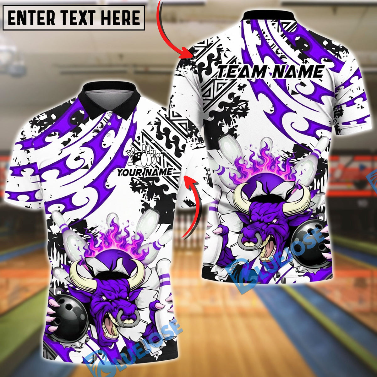 BlueJose Bowling & Pins Angry Bull Fire Tribal Art  Customized Name, Team Name 3D Shirt (4 Colors)