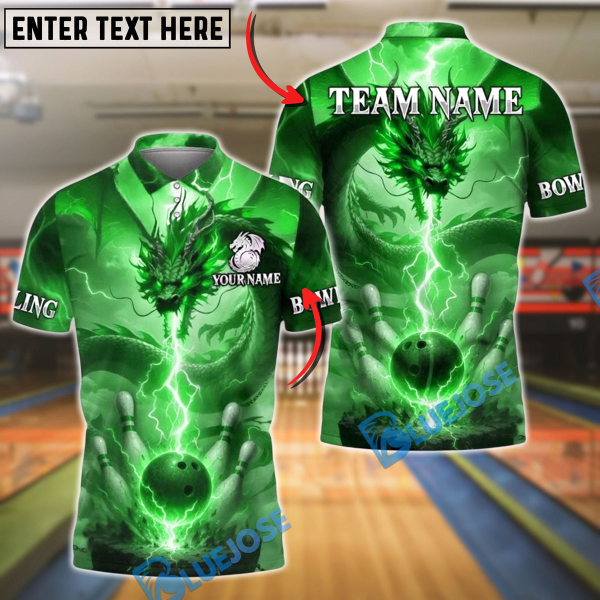 BlueJose Bowling And Pins Dragon Lightning Storm Customized Name, Team Name 3D Shirt (4 Colors)