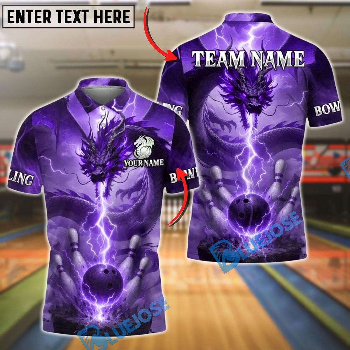 BlueJose Bowling And Pins Dragon Lightning Storm Customized Name, Team Name 3D Shirt (4 Colors)