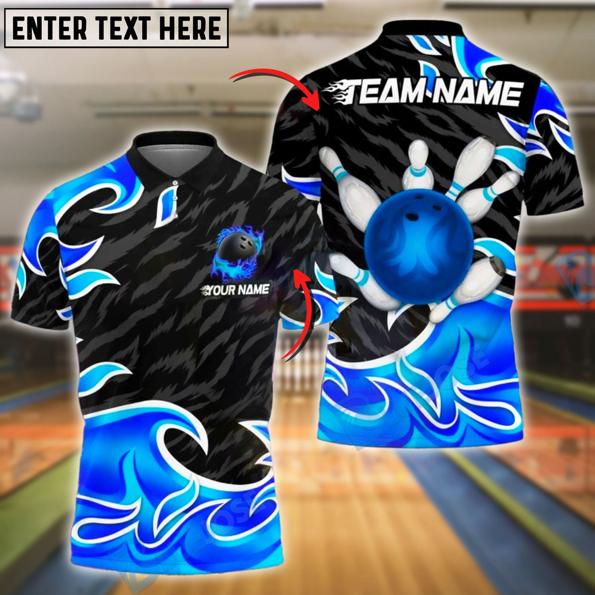 BlueJose Bowling And Pins Flaming Strike Customized Name, Team Name 3D Shirt (4 Colors)